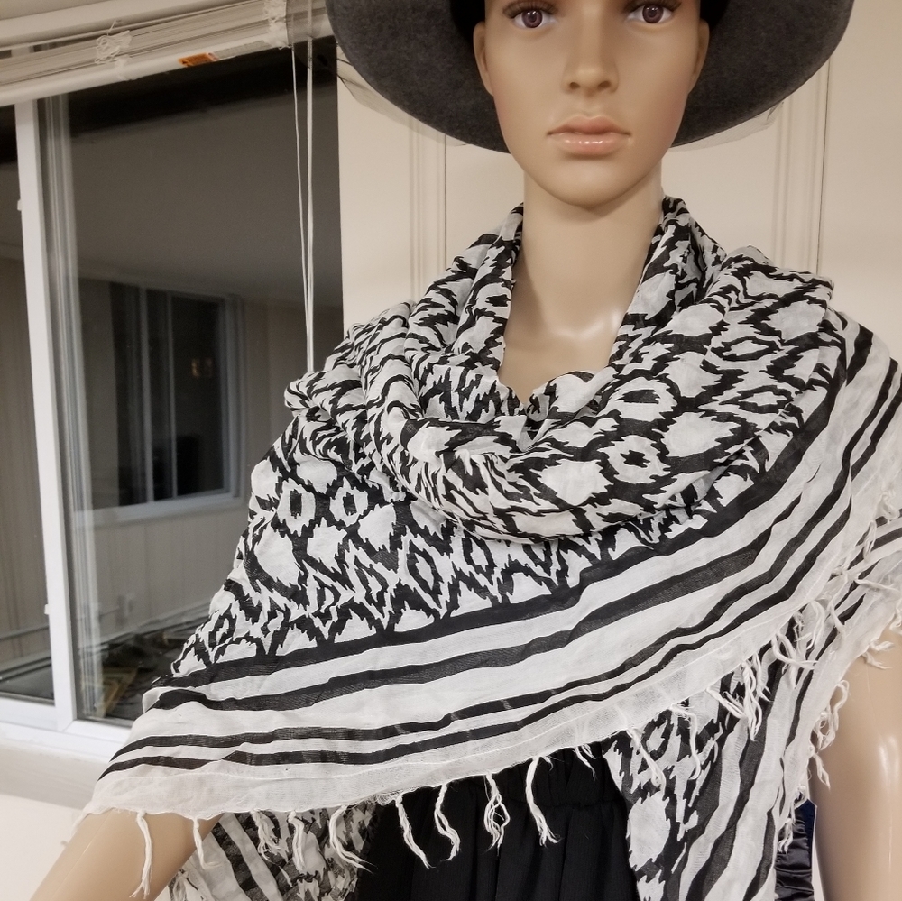 Hand-Printed Black & White Scarf/Wrap